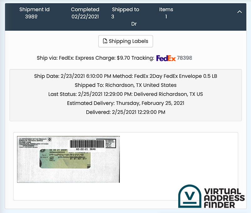 Traveling Mailbox forwarded mail example from FedEx