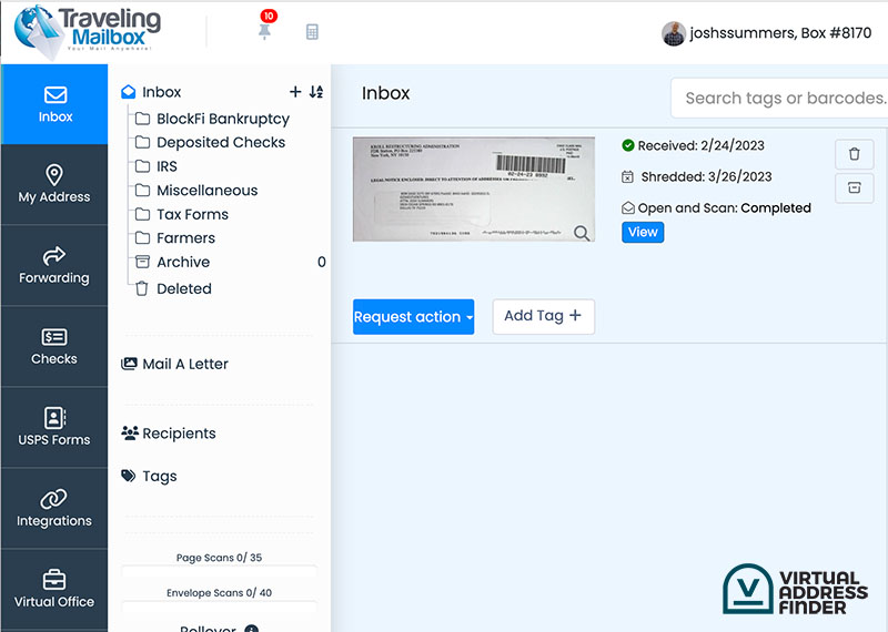 Example of the Traveling Mailbox online dashboard for virtual mail