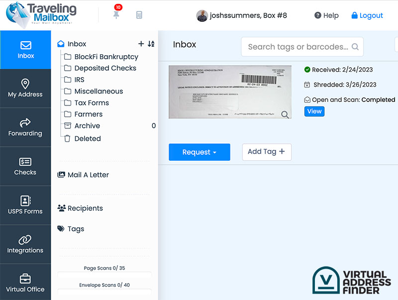 Traveling Mailbox online dashboard example