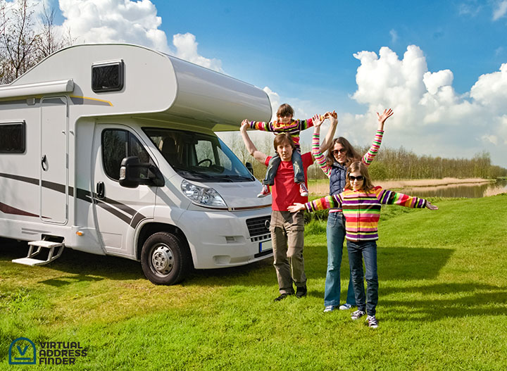 A family next to an RV