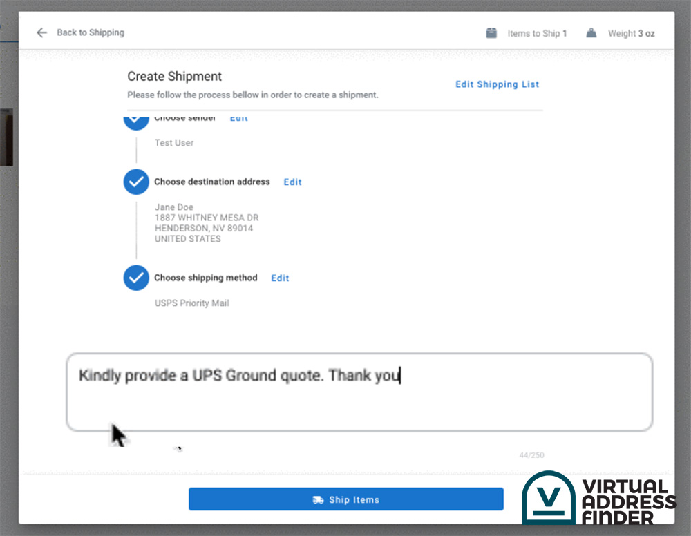 Virtual Post Mail create shipment with mail quote request