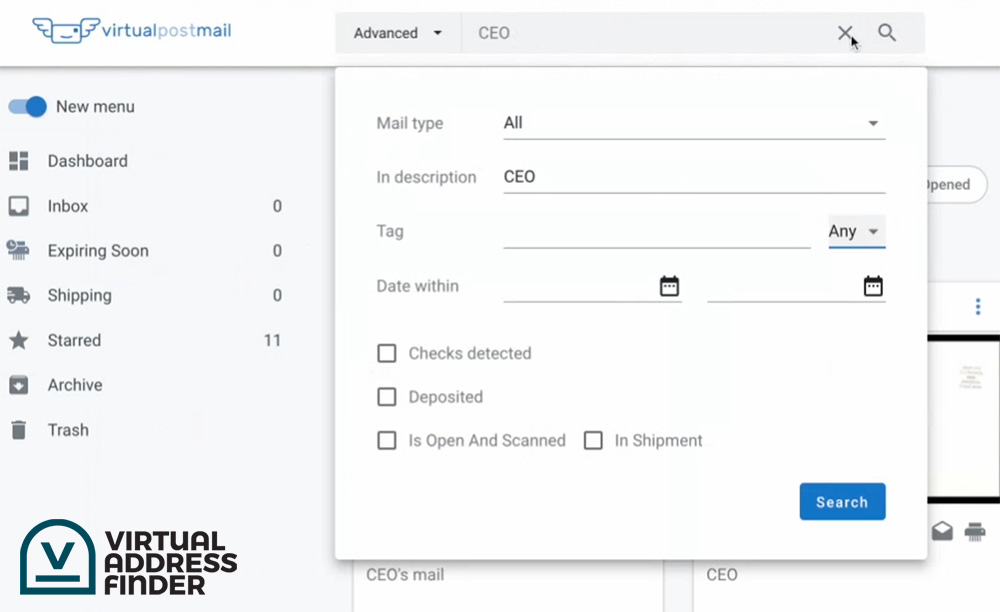 Virtual Post Mail mailbox search function