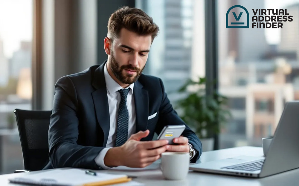 A business professional is focused on their mobile device, reviewing positive testimonials that highlight the benefits of using a virtual business address for managing mail and packages. The scene conveys a sense of efficiency and professionalism, emphasizing the importance of a strong virtual mailbox service in business operations.