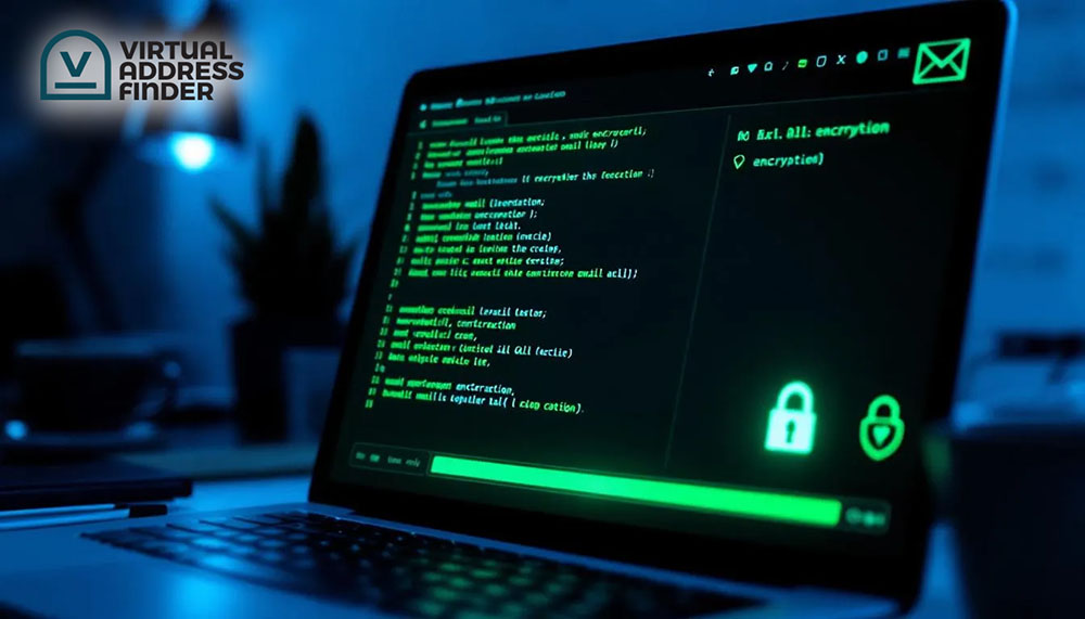 The image depicts a secure digital interface displaying the process of scanning encrypted mail, emphasizing the importance of managing incoming mail through a virtual mailbox service. This interface showcases features that help users efficiently handle postal mail and packages, ensuring a professional business address experience.