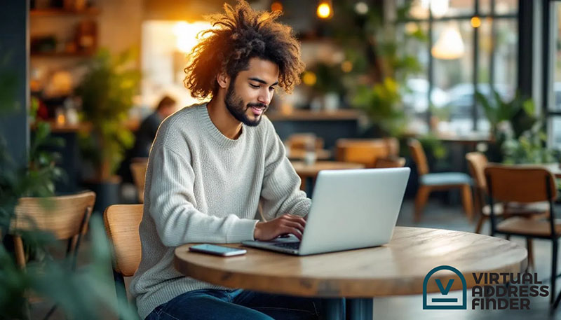 A digital nomad is seen working remotely on a laptop while managing their mail through a mobile device, highlighting the convenience of a virtual mailbox service. The scene emphasizes the ability to receive and forward postal mail and packages from anywhere, showcasing the benefits of having a virtual business address.